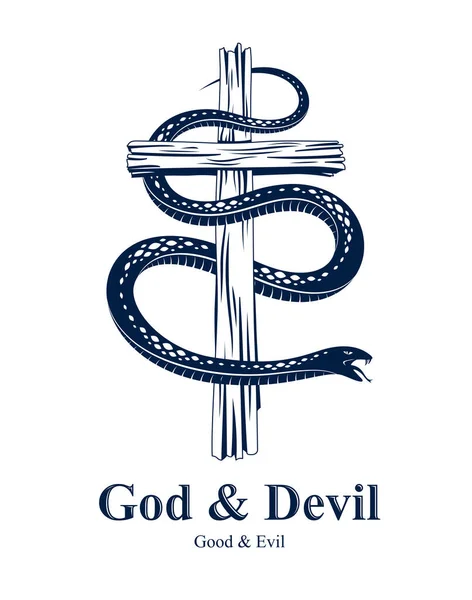 Serpiente Una Cruz Tatuaje Vintage Serpiente Envuelve Alrededor Cruz Cristiana — Archivo Imágenes Vectoriales