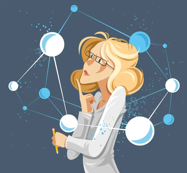 Woman Scientist Discovering Micro Elements Molecules Atoms Vector Conceptual Illustration — Stock Vector