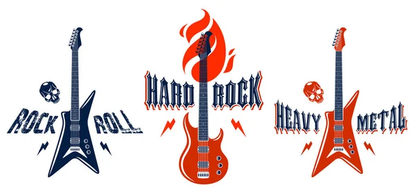 ハードロックは エレキギターベクトルロゴセット コンサートフェスティバルやナイトクラブのラベル 音楽テーマイラスト ギターショップやTシャツのプリント スタイリッシュなタイポグラフィとロックバンドのサインを埋め込み — ストックベクタ
