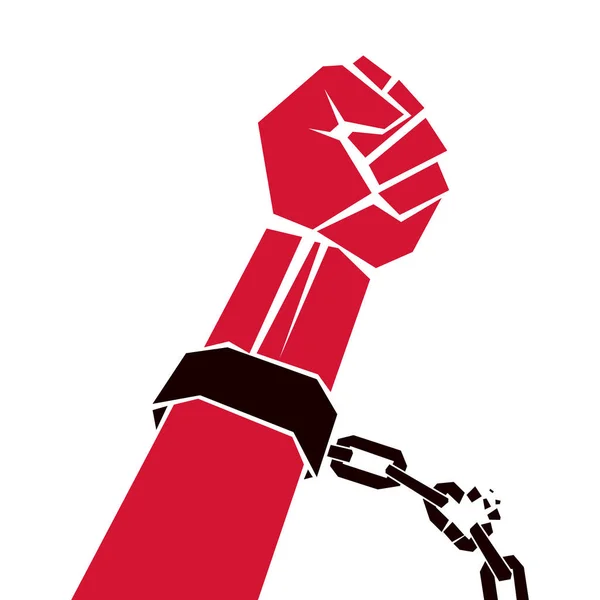 攥紧的拳头 戴着镣铐的奴隶红色手臂断裂链 囚犯的自由 — 图库矢量图片