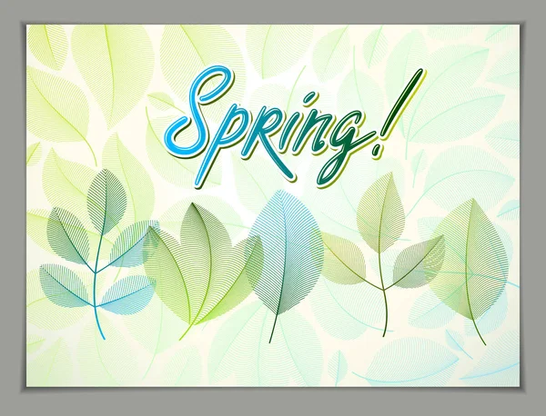 设计水平横幅与春季打字标志 绿叶和新鲜叶框构图背景 季节卡 促销优惠 文雅雅致的植物学绘图 — 图库矢量图片
