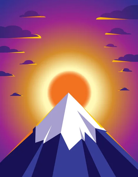 Beautiful Mountain Landscape Setting Sun Evening Sundown Peak Scenic Nature — Stock Vector