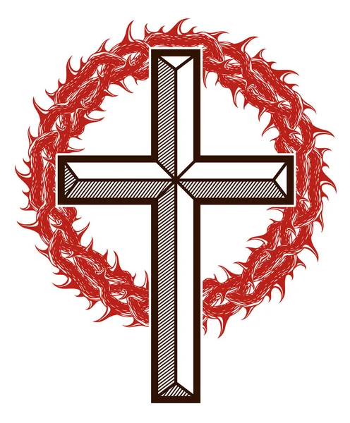 Croix Chrétienne Avec Épine Noire Vecteur Religion Logo Tatouage Passion — Image vectorielle
