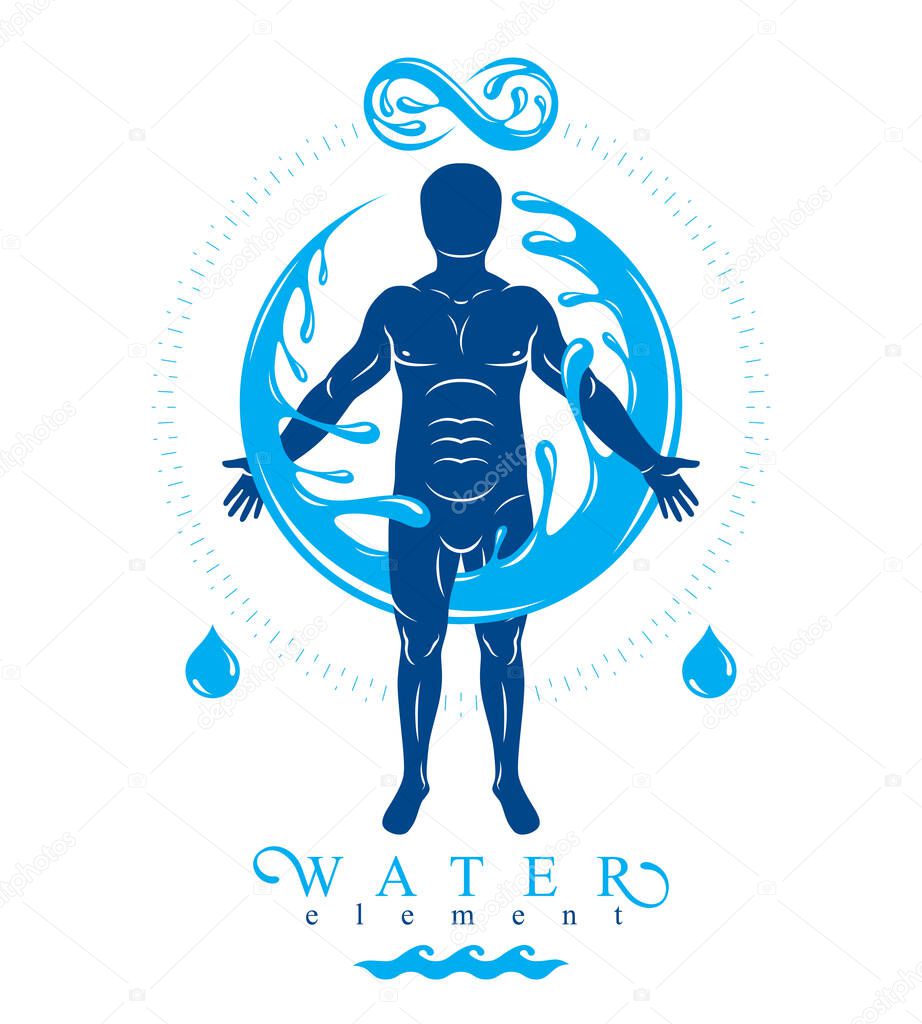 Vector graphic illustration of strong male, body silhouette surrounded by a water ball. Living in harmony with nature. 