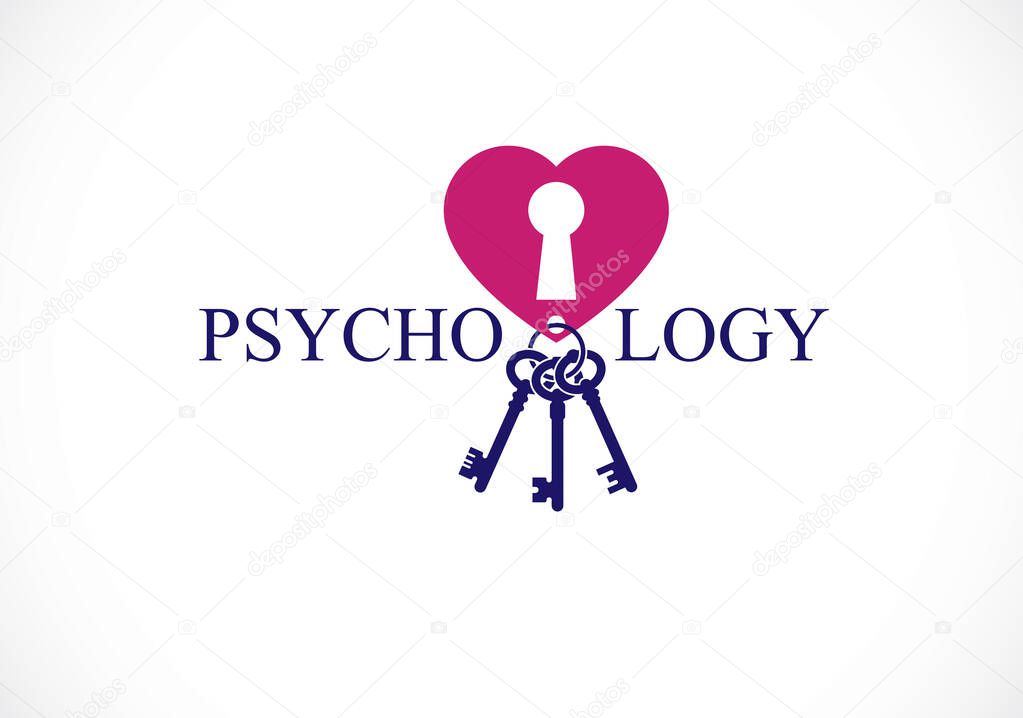 Mental health and psychology conceptual logo or icon, psychoanalysis and psychotherapy as a key to human mind concept. Vector simple classic design.