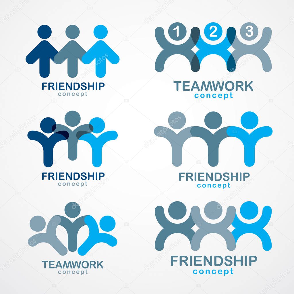 Teamwork businessman unity and cooperation concepts created with simple geometric elements as a people crews. Vector icons or logos set. Friendship dream team, united crew blue designs.