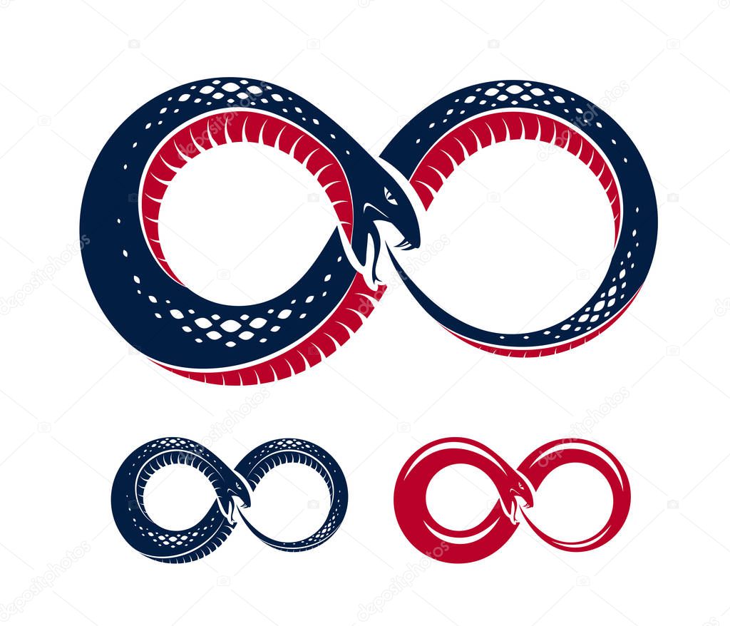 Ouroboros Snake in a shape of infinity symbol, endless cycle of life and death, ancient Uroboros symbol vector illustration, Serpent eating its own tale, logo, emblem or tattoo.