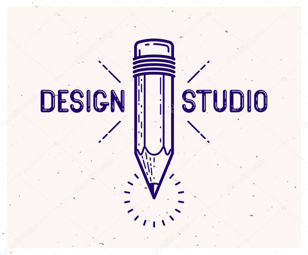 Pencil vector simple trendy logo or icon for designer or studio, creative design, education, science knowledge and research, linear style.