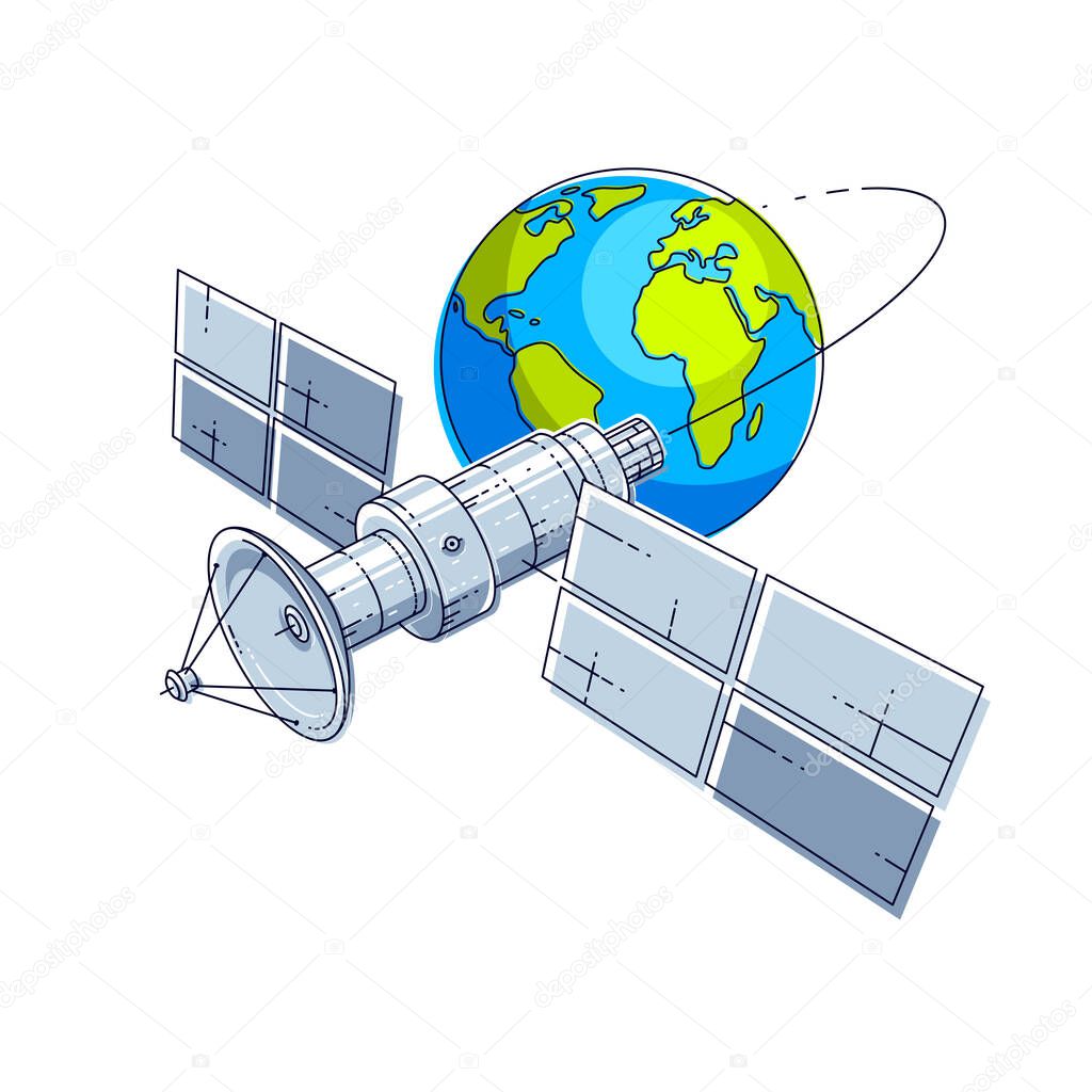 Satellite orbiting around earth, spaceflight, communication spacecraft space station with solar panels and satellite antenna plate. Thin line 3d vector illustration.