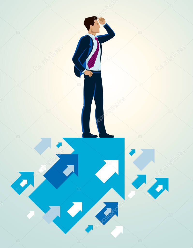 Businessman looking for opportunities business concept vector illustration, young handsome business man searches new perspectives.