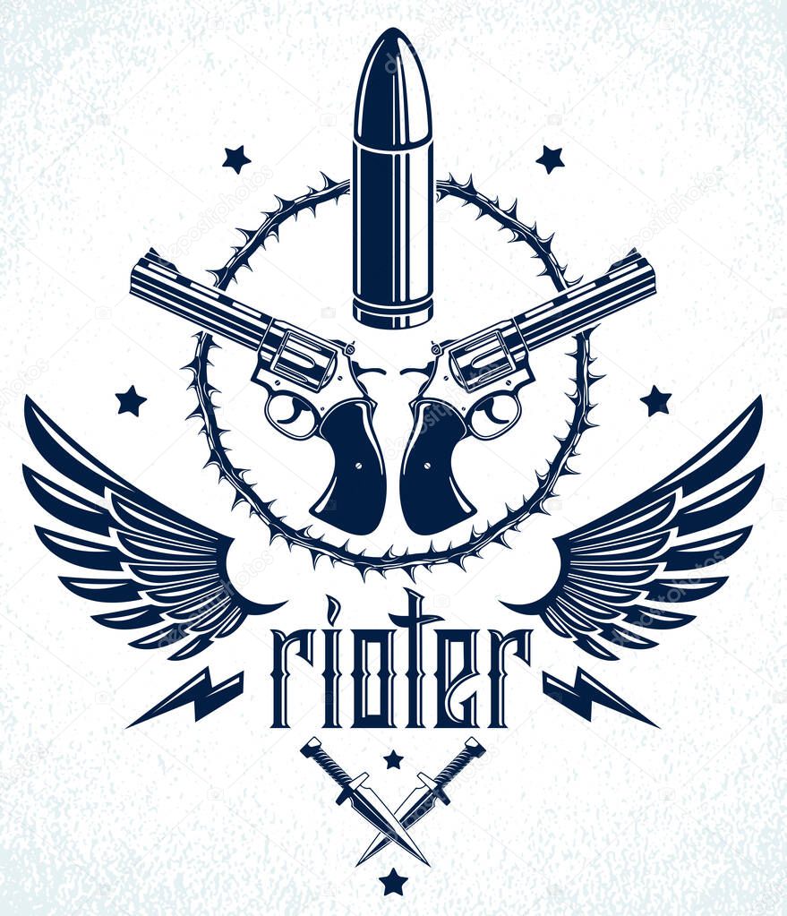 Bullets and guns vector emblem of Revolution and War, logo or tattoo with lots of different design elements, anarchy and chaos concept, criminal and gangster style, social tension theme.