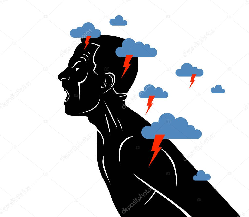 Anger, aggression and psychosis mental health and high anxiety vector conceptual illustration or logo visualized by man face profile shouting and screaming, dark clouds over his head.