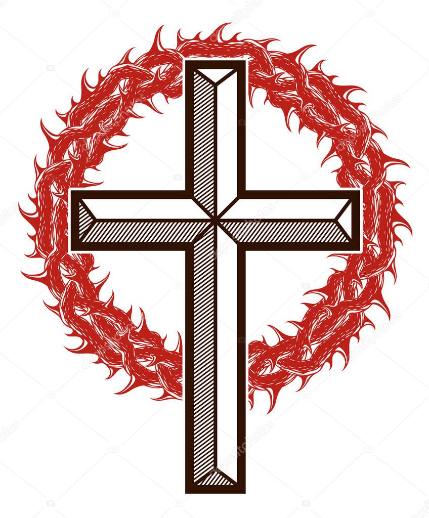 Christian cross with blackthorn thorn vector religion logo or tattoo, passion of the Christ.