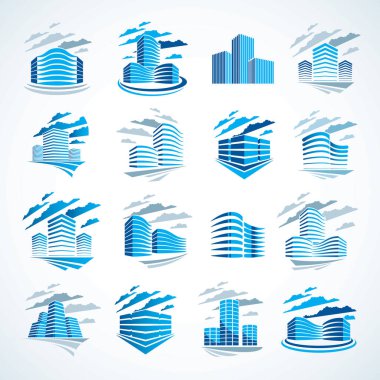 Ofis binaları seti, modern mimari vektör çizimleri koleksiyonu. Emlak işi merkezi tasarımları. Büyük şehirde 3 boyutlu fütürist cepheler. Logo ya da simge olarak kullanılabilir.
