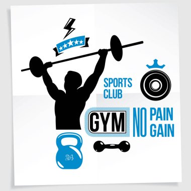 Spor salonu vektör reklam broşürü, halter spor ekipmanları tutan kaslı vücut geliştiricinin vektör illüstrasyonuyla oluşturuldu. Acı yok, kazanç yok..