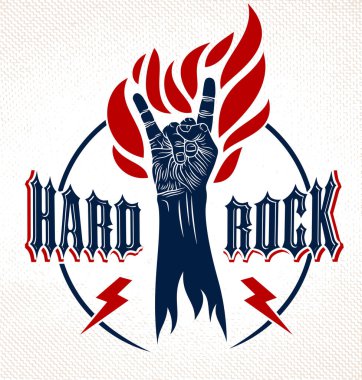 Rock hand sign on fire, hot music Rock and Roll gesture in flames, Hard Rock festival concert or club, vector label emblem or logo, musical instruments shop or recording studio. clipart