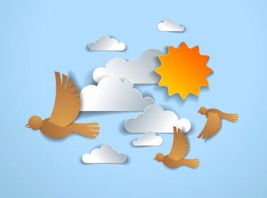 Gökyüzünde uçan kuşlar güzel bulutlar ve güneş, yaz bulutları, kağıt üzerindeki vektör illüstrasyonları çocukların tarzını kesiyor..