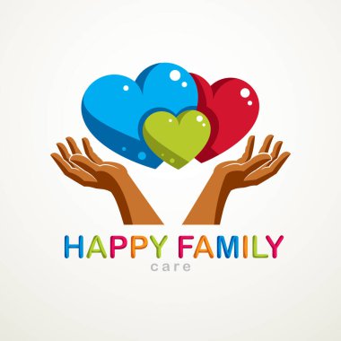 Mutlu aile vektör logosu ya da simgesi farklı boyutlarda üç renkli kalp ve bakım eliyle oluşturulmuş. Baba, anne ve çocuğun şefkatli ve sevgi dolu ilişkileri. Tek bir ilişki sistemi olarak..
