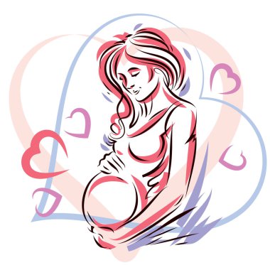 Güzel hamile kadın bedeni siluet kalp şekli çerçeveli. Anne-olmak çizilmiş vektör çizim. Mutluluk ve bakım Tema.