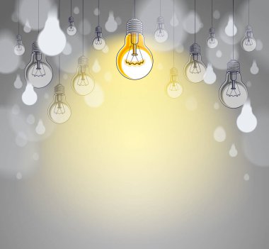 Fikir kavramı ampuller vektör illüstrasyonunda parlıyor, farklı düşünüyor, yaratıcılık, özel olmak, liderlik. Metin için kopyalama alanı olan kompozisyon.