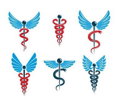 Vektör Caduceus resimler koleksiyonu kanatlı. Farmakoloji ve sağlık fikir Amblemler.