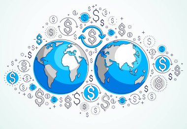 Küresel iş kavramı, dolar simgelerine sahip dünya gezegeni, uluslararası ekonomi, döviz kuru, internet küresel ağ bağlantısı, vektör, elementler ayrı olarak kullanılabilir.