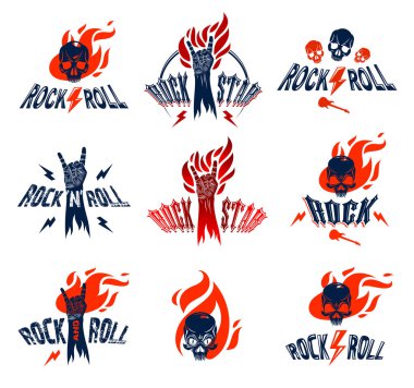 Alevler içinde rock el işareti, ateşli müzik Rock and Roll hareketi, Hard Rock festivali konseri veya kulüp, vektör etiketleri amblem veya logolar, müzik aletleri mağazası veya kayıt stüdyosu.