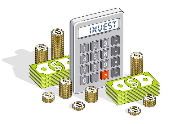Inwestowania Koncepcja Uruchamiania Kredytowania Kalkulator Gotówki Stos Dolar Pieniądze Monety — Wektor stockowy