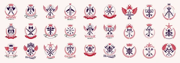 Vintage Wapen Vector Logo Emblemen Heraldische Design Elementen Grote Set — Stockvector