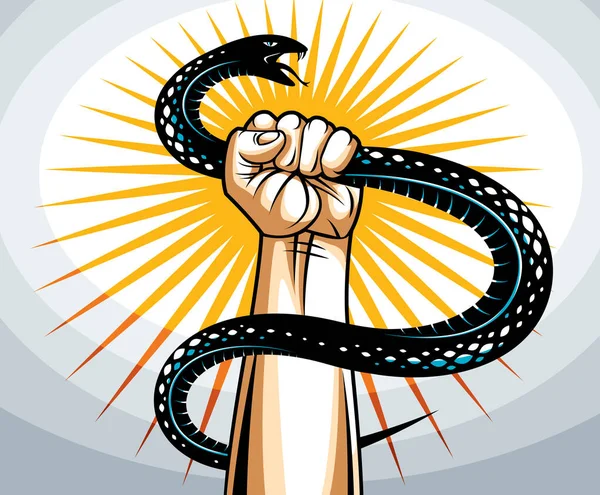 Χέρι Πιέζει Ένα Φίδι Την Καταπολέμηση Του Κακού Διαβόλου Και — Διανυσματικό Αρχείο