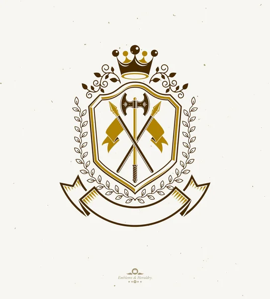 レトロなデザインで作られた腕の紋章 皇冠と鎧を持つ装飾的な紋章 — ストックベクタ