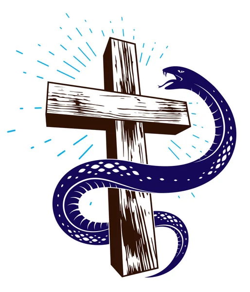 Had Ovinuje Kolem Křesťanského Kříže Boj Mezi Dobrem Zlem Světce — Stockový vektor