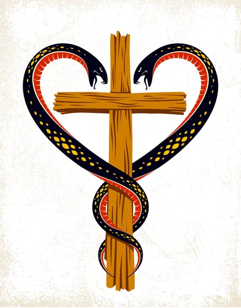 Hıristiyan Haçı Kalp Şeklinde Iki Yılan Din Sembolü Vektör Logosu — Stok Vektör