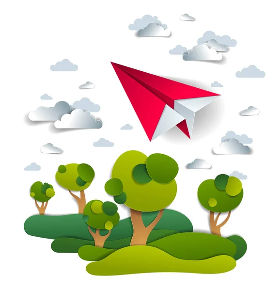 Origami Papír Letadlo Hračka Létající Obloze Nad Louky Stromy Perfektní — Stockový vektor