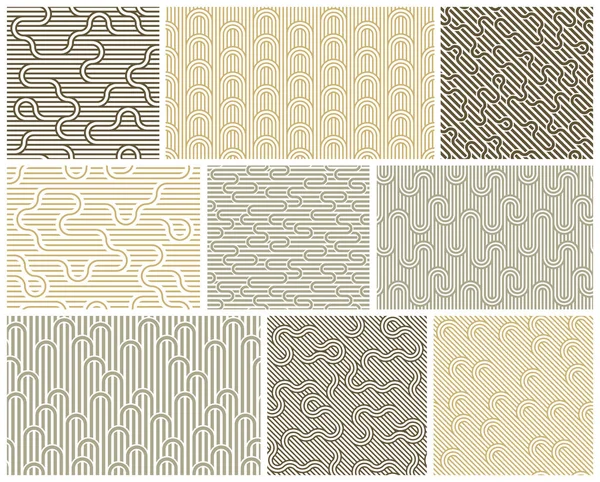 シームレスな線形ベクトル幾何学的ミニマリズムパターンセット 抽象的なラインタイルの背景 ストライプ織り 光迷路 ツイストストライプ — ストックベクタ