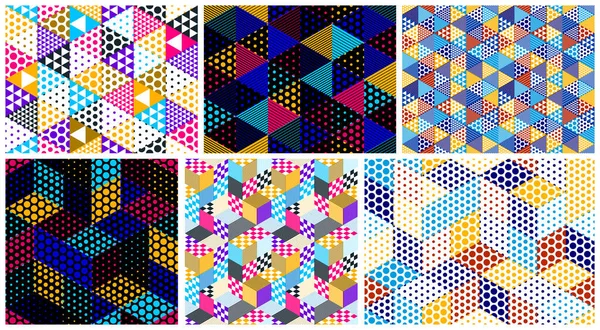 Dotted Geometric Seamless Patterns Cubes Dotty Boxes Blocks Vector Backgrounds — Stock Vector