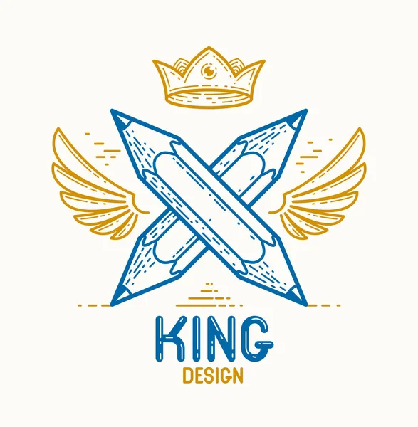 两支有翅膀和王冠的交叉铅笔 矢量式简洁时尚标志或设计师或工作室图标 创意国王 皇家设计 线性风格 — 图库矢量图片