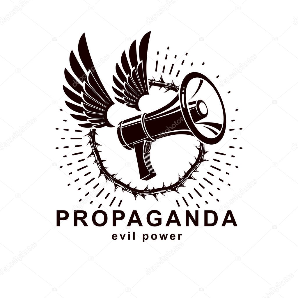 Vector winged logo composed with loudspeaker equipment surrounded by thorn of crowns. Public relations concept, propaganda as a powerful weapon of influence on social behavior.