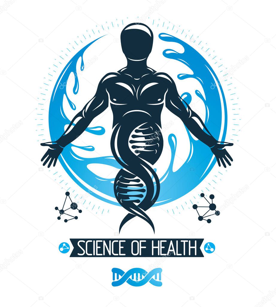 Vector graphic illustration of strong male created as scientific model of human DNA and surrounded by a water ball. Environment conservation and protection.