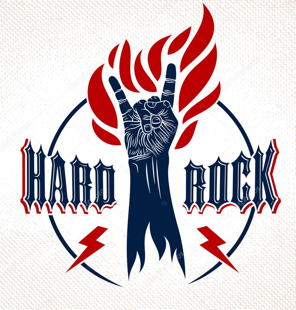 Rock hand sign on fire, hot music Rock and Roll gesture in flames, Hard Rock festival concert or club, vector label emblem or logo, musical instruments shop or recording studio.