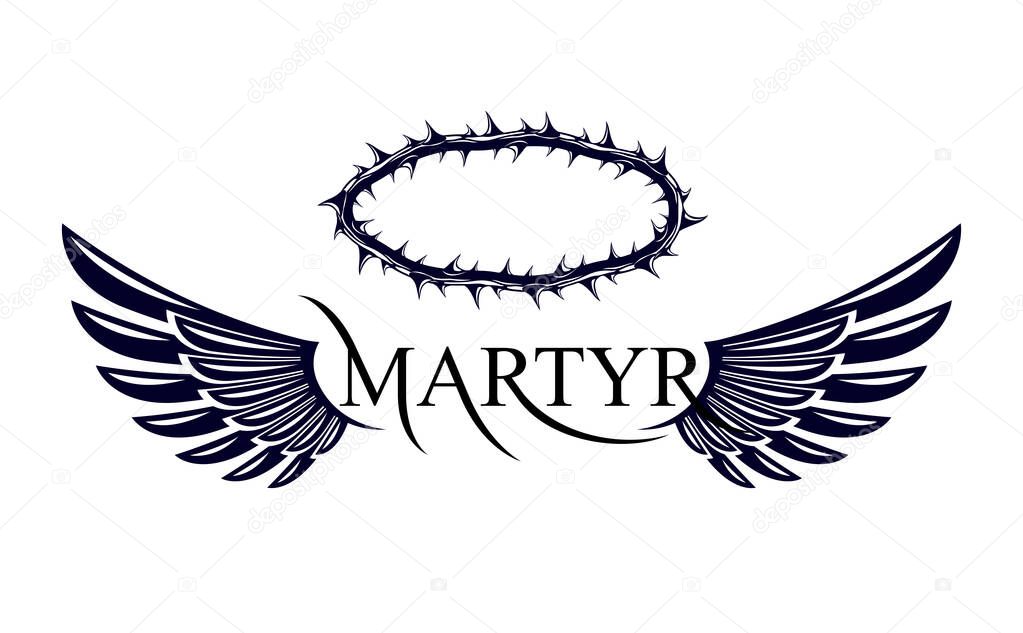 Martyr vector concept logo or sign, Christian religion and faith saint person, martyrdom blackthorn thorn wreath crown, Jesus Christ, suffering pain.