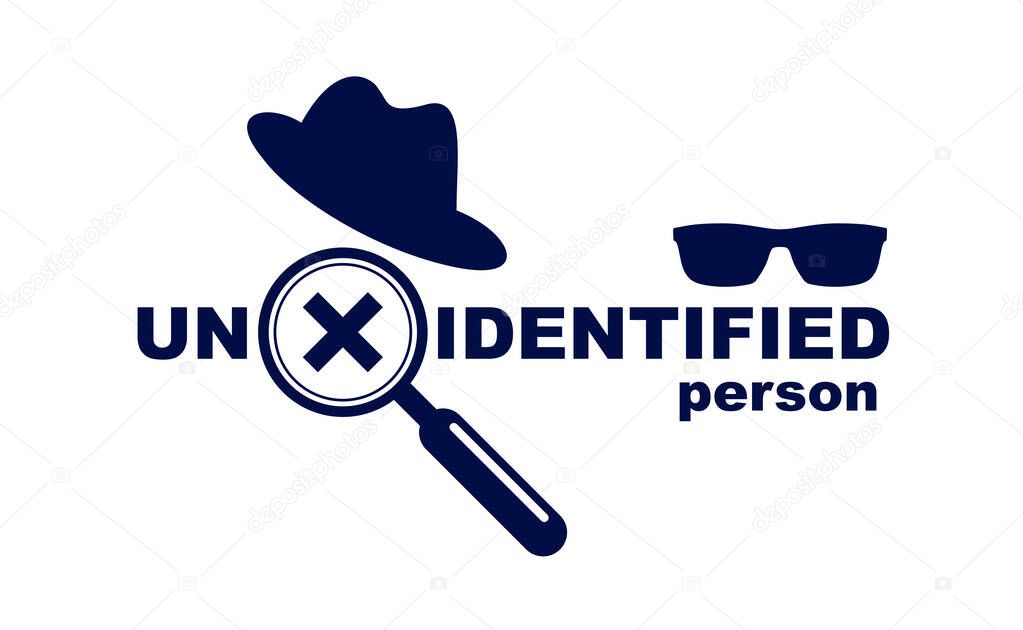 Incognito vector concept magnifying glass with hat like a spy, criminal hiding his person, against law illegal man, unidentified person.