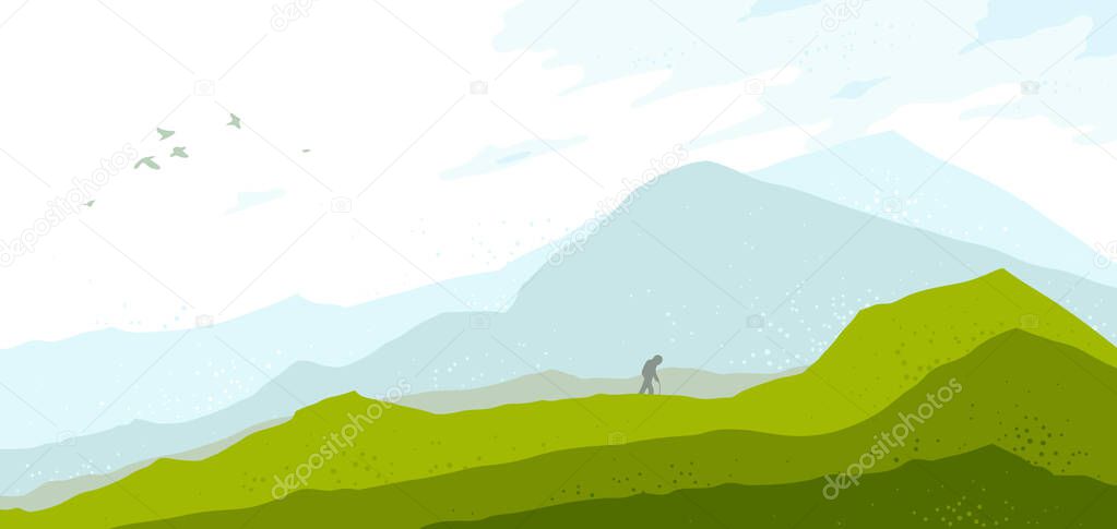 Beautiful scenic nature landscape with traveler pilgrim vector illustration summer or spring season with grasslands meadows hills and mountains, hiking traveling trip to the countryside concept.