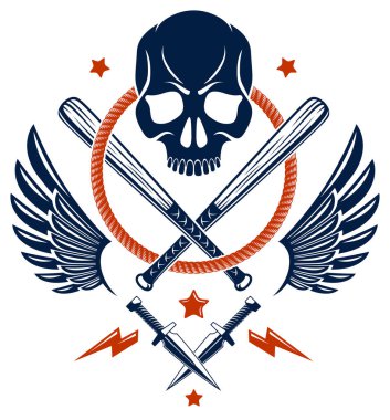 Suç dövmesi, çete amblemi ya da logosu agresif kafatası beyzbol sopaları ve diğer silah ve tasarım unsurları, vektör, haydut getto tarzı, gangster anarşisi ya da mafya teması.