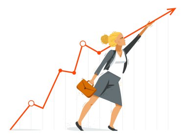 İş kadını büyüme grafiğini finansal başarı vektör illüstrasyonuna, motivasyonlu iş kadını muhasebeci CEO 'su veya girişimci gelir diyagramına yükseltiyor.
