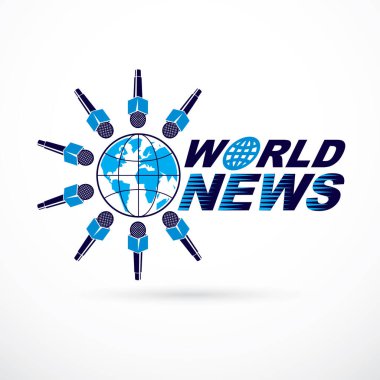 Sosyal telekomünikasyon Tema vektör logo mikrofonlar ile çevrili ve dünya haber yazıt kullanarak oluşan mavi dünya gezegen illüstrasyon ile yaratılmıştır. Basın toplantısı kavramı.