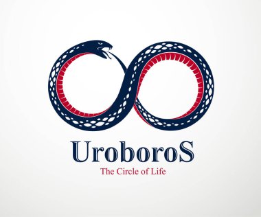 Sonsuz sembollü Ouroboros Yılanı, sonsuz yaşam ve ölüm döngüsü, antik Uroboros sembolü çizimi, Yılan kendi hikayesini, logosunu, amblemini ya da dövmesini yiyor..