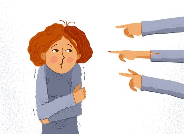 Utanç verici ve suçlayıcı vektör konsepti, genç bir kızı işaret eden el hareketi rahatsız ve korkmuş, sosyal gruplarda acımasız ve hoşgörüsüz davranış sorunu.