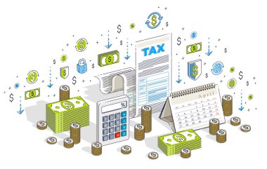 Vergilendirme kavramı, vergi form veya kağıt yasal belge nakit para yığınları ve üzerinde beyaz izole takvim ile. İzometrik 3B vektör illüstrasyon simgeler, istatistik grafikleri ve tasarım öğelerini ile finans.