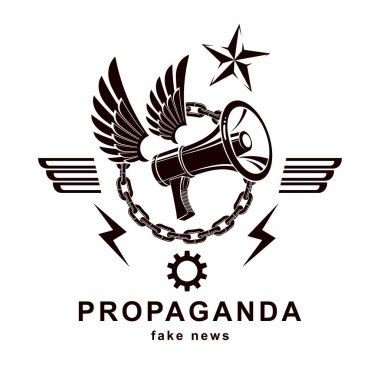 Vektör logo demir zinciri ve mühendislik cog wheel çevrili megafon ekipman ile oluşan kanatlı. Propaganda ideoloji empoze Yöntem olarak